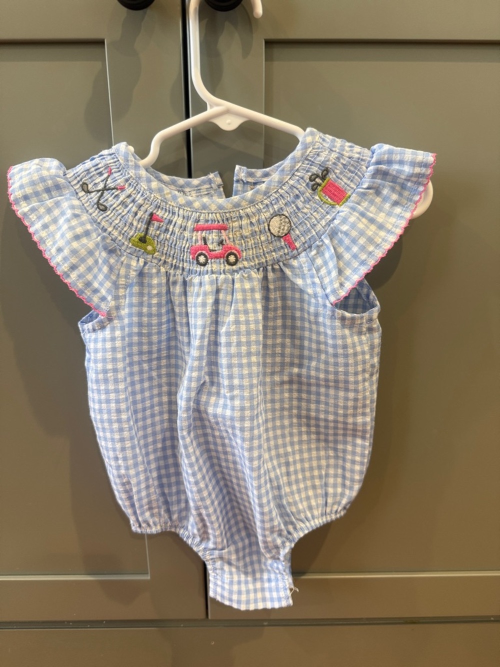 Angel Dear golf Light Blue Gingham Smocked Baby Romper with Pink Accents